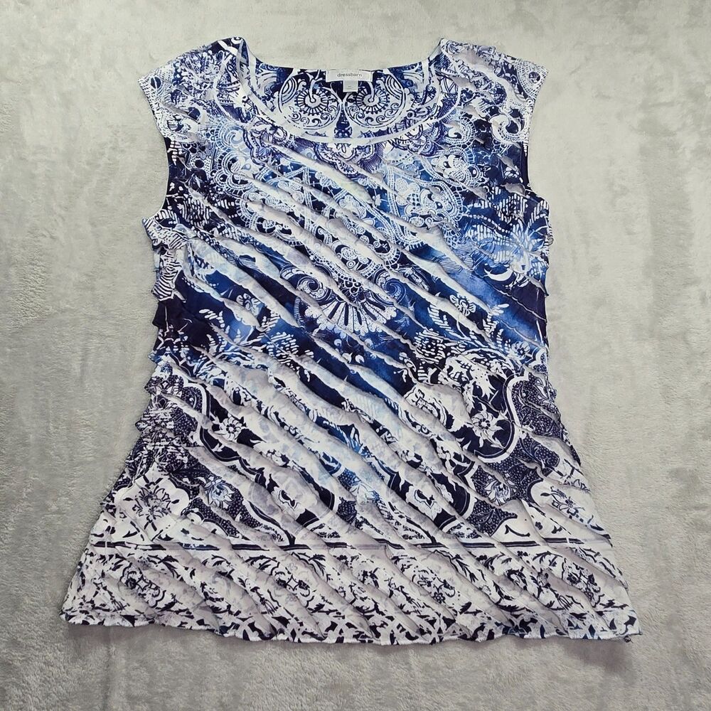Dress Barn Top Women's Medium Blue White Sleeveless Ruffles Boho Stretch